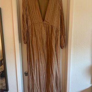 Chic Tan Maxi Dress with Shimmering Details